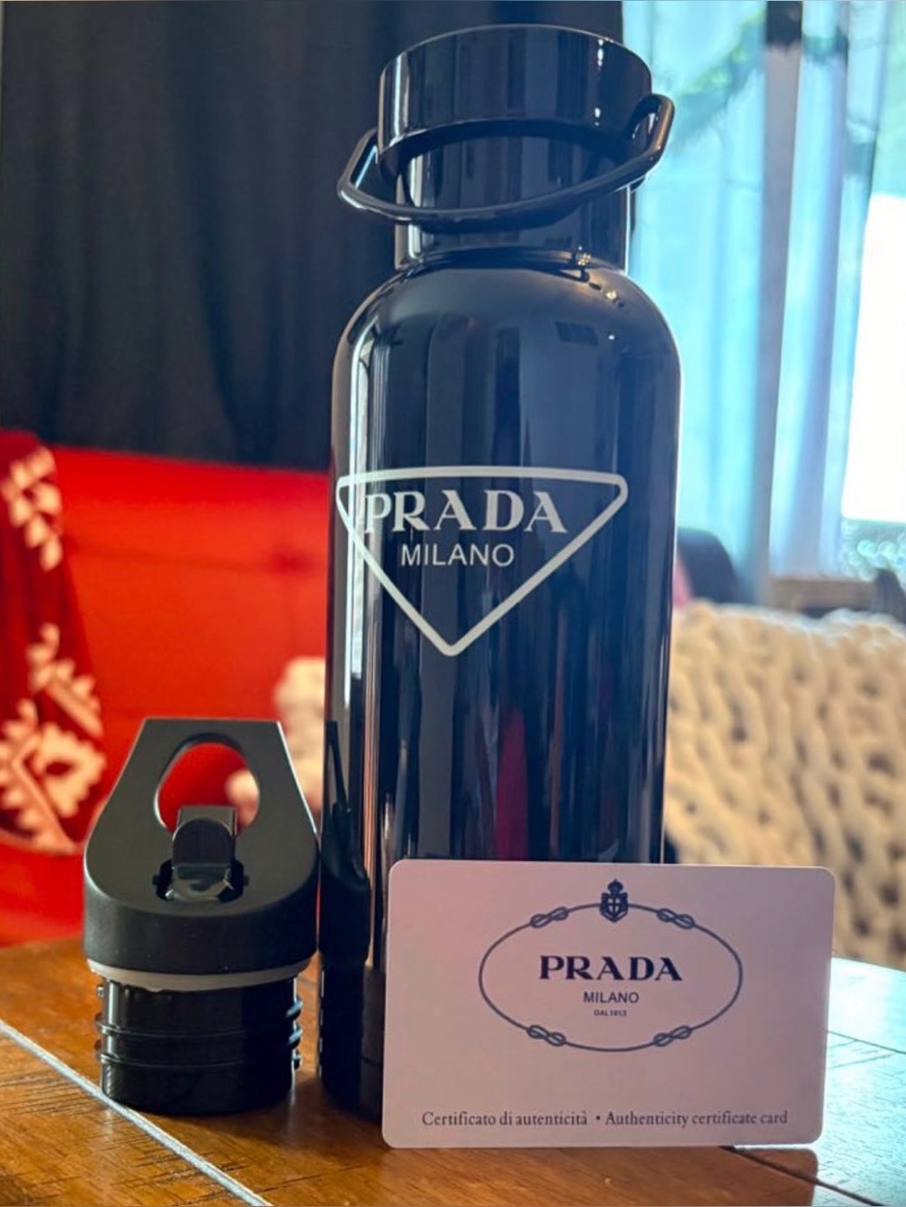 Prada Black Gloss Logo Stainless Bottle with White Emblem